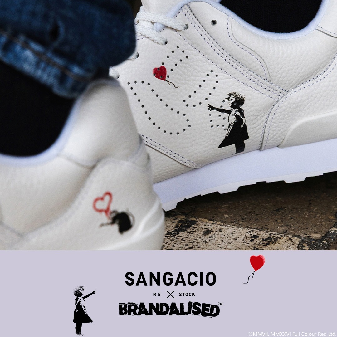 sangacio's tweet photo. ＼数量限定リストック／
バンクシーグラフィティフォトのアートを使った
"BRANDALISD"とのコラボスニーカー