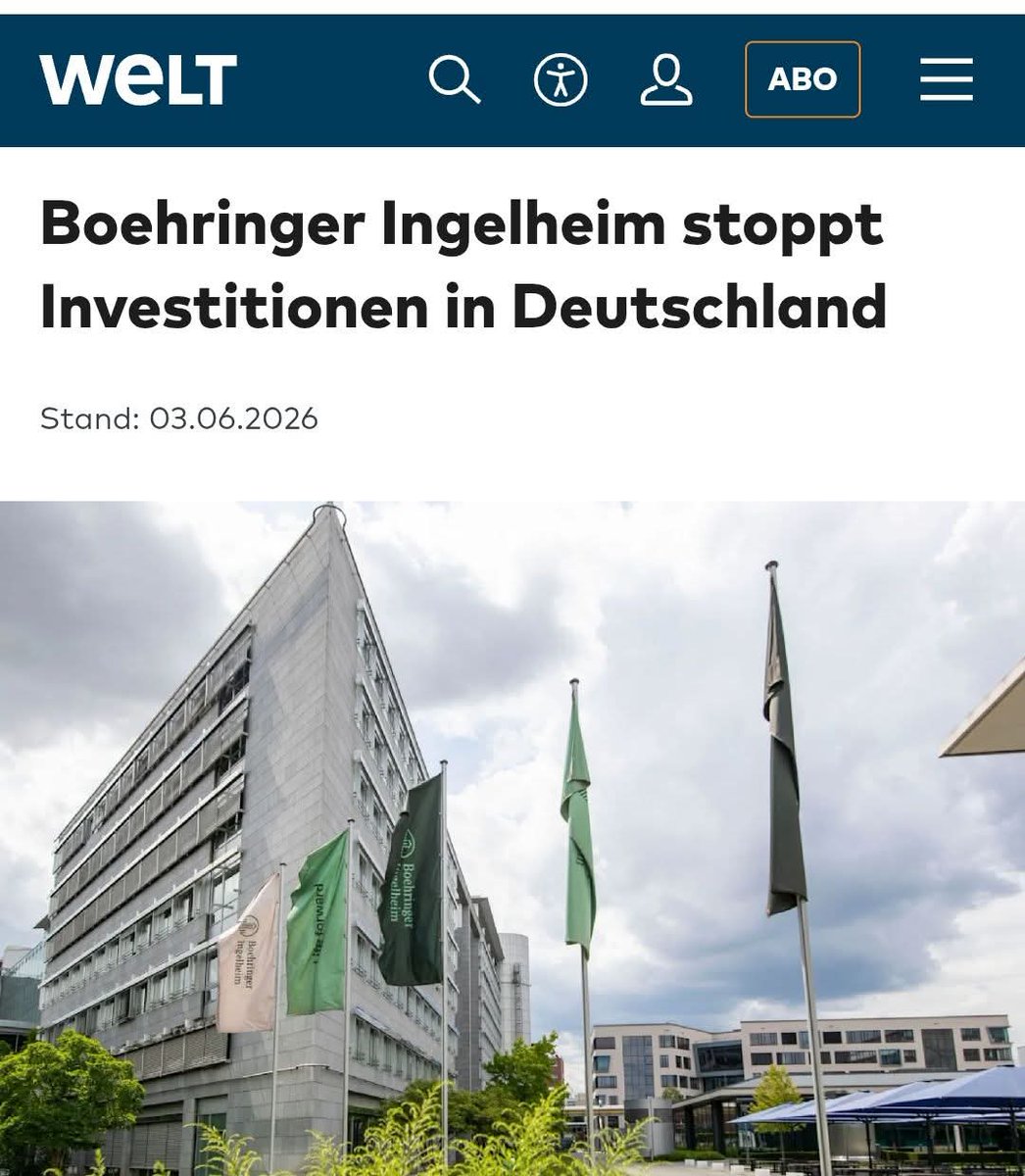 AliasMork's tweet photo. Schock für Rheinland-Pfalz:

Boehringer Ingelheim zieht 900 Mio Euro aus Deutschland ab. Die nächste Innovation soll laut Unternehmensführung nicht mehr nach Deutschland...

Wenn wundert es noch? Wer noch kann, flieht. Wer nicht, stirbt den leisen Tod 🤷 https://t.co/eNiFj37AX8