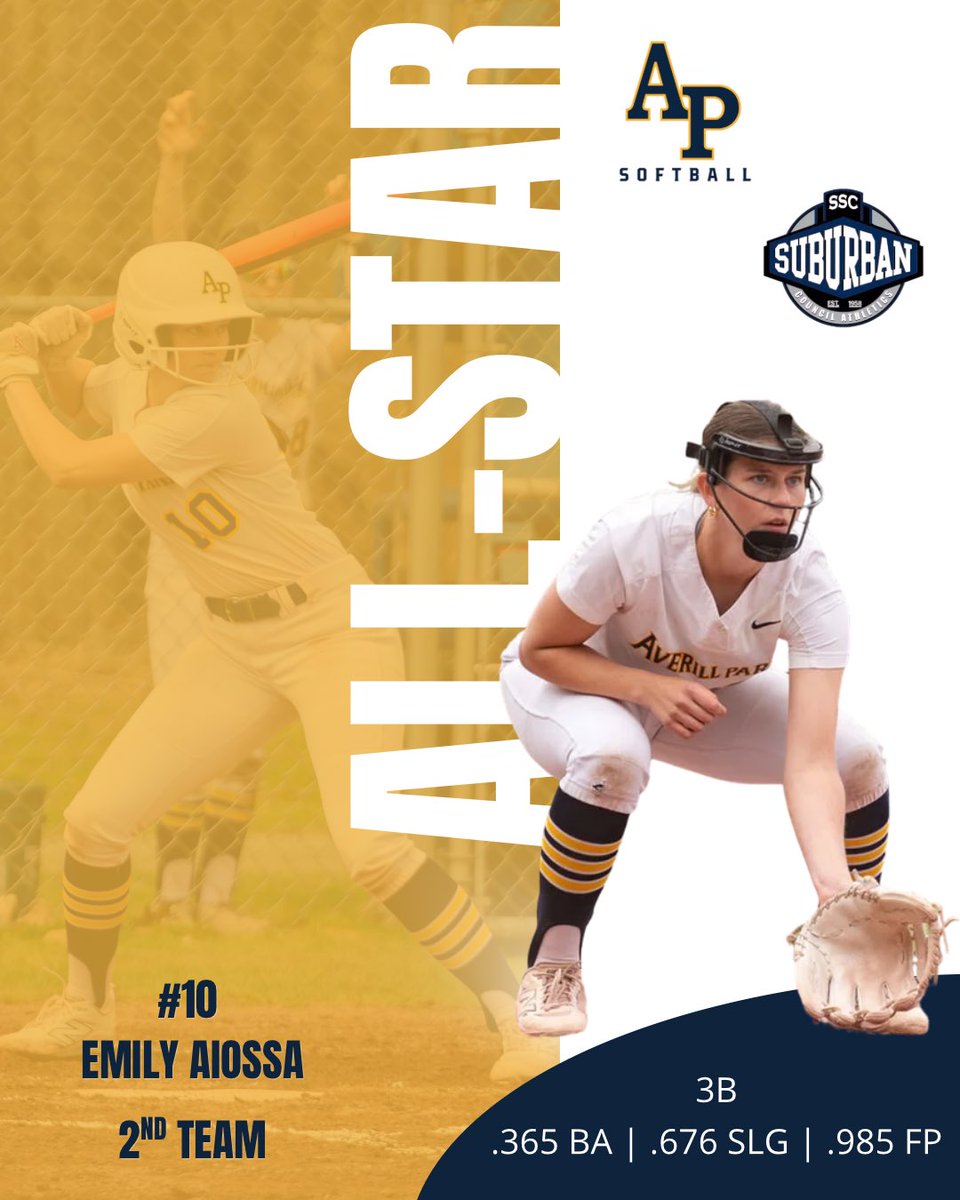 EmilyAiossa's tweet photo. I am so honored to be named a 2nd team All Star for infield in Suburban Council!! I am so grateful for all the support from my coaches, teammates, and parents this season!! @softballatAP @CDFusionSB @AssumptionU_SB https://t.co/9ZXYJtSKXi