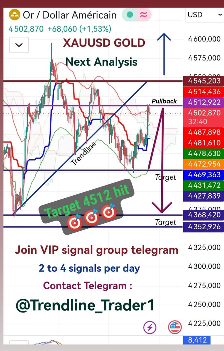 Trendlinetra's tweet photo. XAUUSD Gold
Analyses confirmed
Target hit 4512🎯🎯🎯
Probable retournement baissier en cours.
Join my VIP SIGNALS channel on telegram
#XAUUSD #gold #goldtraders #markets https://t.co/X6R9Kl4EEr