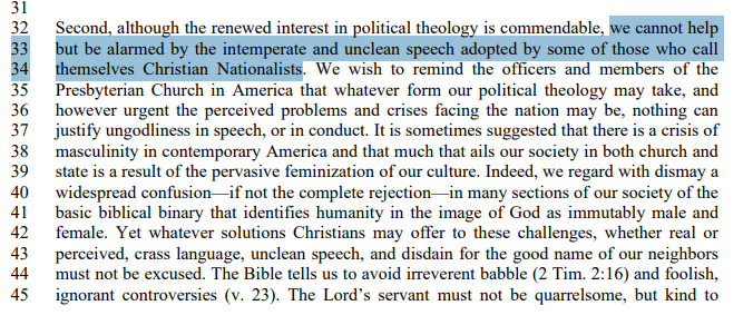 NeilShenvi's tweet photo. The Partial Report of the PCA Committee on Christian Nationalism:

"we cannot help but be alarmed by the intemperate and unclean speech adopted by some of those who call themselves Christian Nationalists...nothing can justify ungodliness in speech, or in conduct." 1/ https://t.co/pOFekXEmOJ