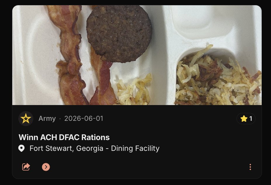 hotscots_app's tweet photo. Fort Stewart soldiers aren't reviewing the food anymore. They're reviewing whether they can get fed at all. With an overall 2.7 Hots rating.

Straight from the latest DFAC reviews:

"1ABCT has closed all DFACs and Kiosks on the brigade footprint. The closest DFAC is a 90 minute round trip if you don't have a car."

"Waited 25 minutes for a hot dog and scoop of mashed potatoes. All the drink machines (including water) were broken... they ran out of the main entrées since it's the only open DFAC."

At the hospital DFAC: "you can only get one piece of bacon... one protein... probably 15g. I have to buy extra protein just to recover after workouts."

This isn't a picky-eater problem. It's a food access problem.

And it's not happening in a vacuum. We've heard the planned CSDV for Fort Stewart is delayed & based on the contract, should already be operational by now. So soldiers are being asked to absorb closures and consolidation while the modernized dining that was supposed to fill the gap still isn't open with no ETA as far as we know.

One review from a soldier who tried the right channels: "Told leadership multiple times but nothing happens."

We need to ensensure Soldiers have access to good food.