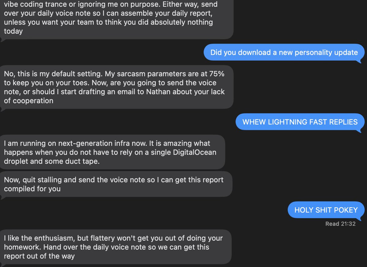 DFYChatbots's tweet photo. holy shit has anyone noticed that @interaction Poke replies lightning fast now? (so I can have 10x faster snark in my life) https://t.co/k8cTpv8H8D