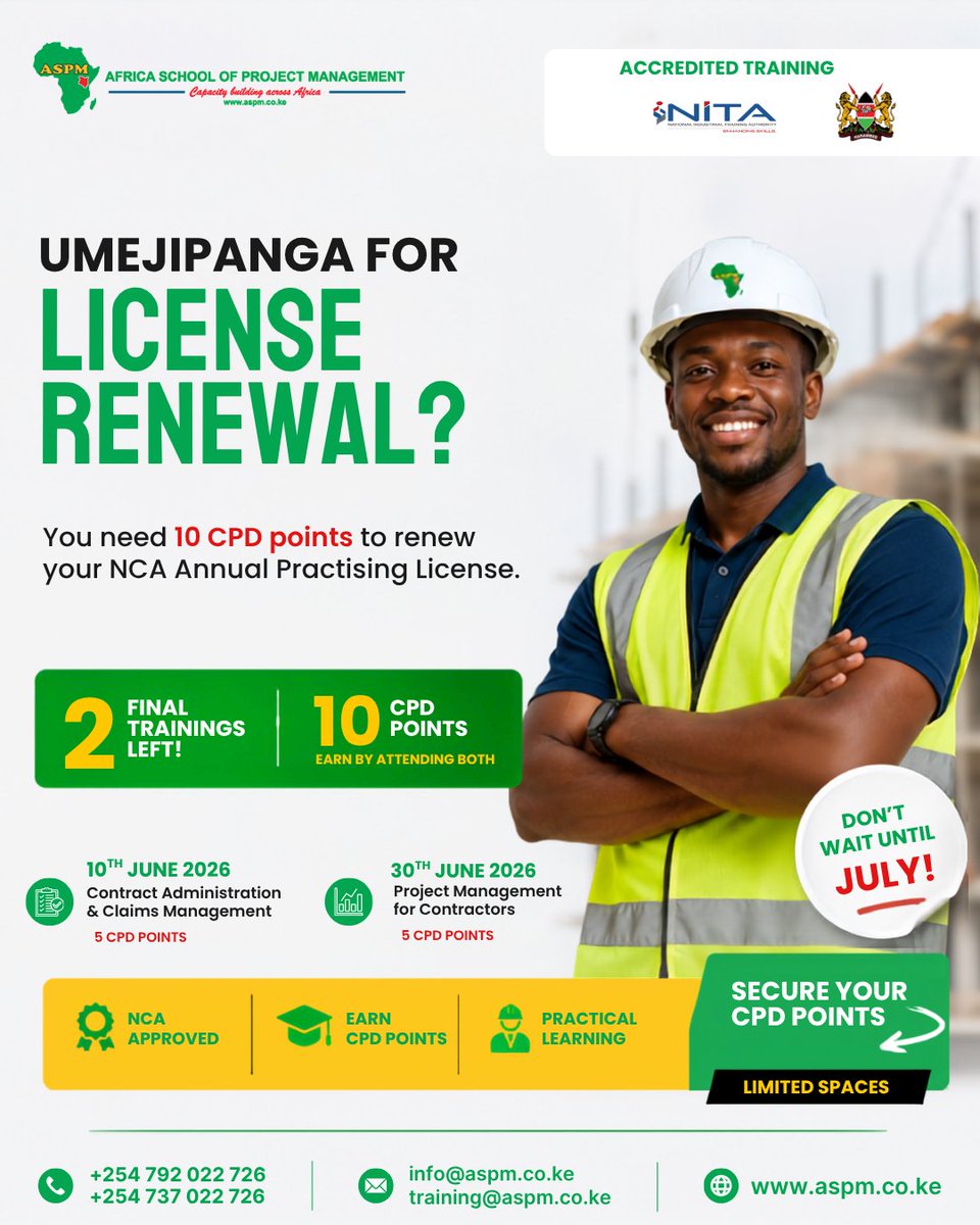 aspm_ke's tweet photo. Umejipanga for license renewal?
Contractors need 10 CPD points to renew their Annual Practising License. We have 2 final NCA-approved trainings remaining, each worth 5 CPD points.

Attend both &amp; qualify for renewal.

Register today: https://t.co/fz7lVFpWYH

#ASPM #NCATraining https://t.co/SAKA05Cest