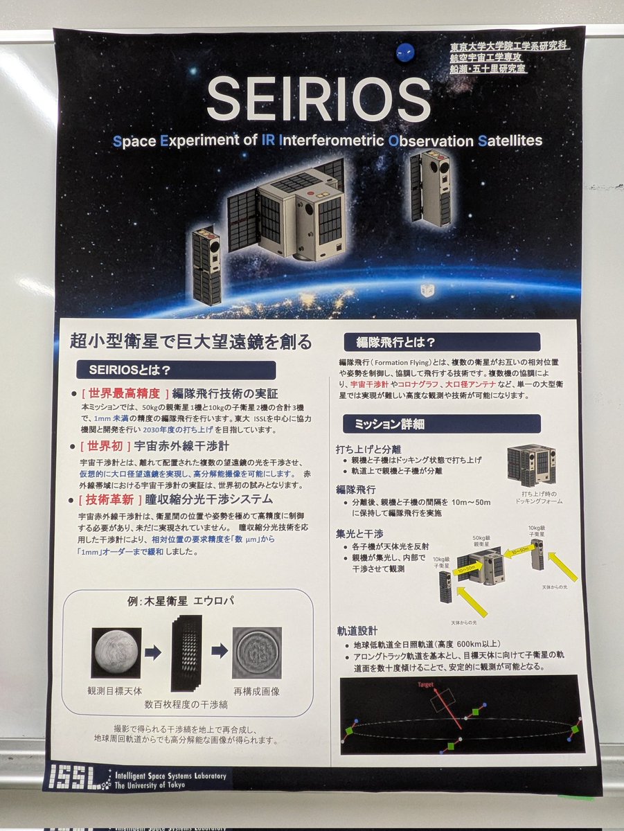 spaceuni_isio's tweet photo. 先月の #五月祭
東京大学大学院工学系研究科 航空宇宙工学専攻 船瀬・五十里研究室にて、学生さんに丁寧に解説いただきました😌

世界最高精度✨
3機の衛星で、基線長10～100mの宇宙干渉計を構築し、太陽系内天体の超高解像度分光観測を行う #SEIRIOS

3つで1チームの編隊飛行という点に惹かれます！ https://t.co/gt5q3mLljP