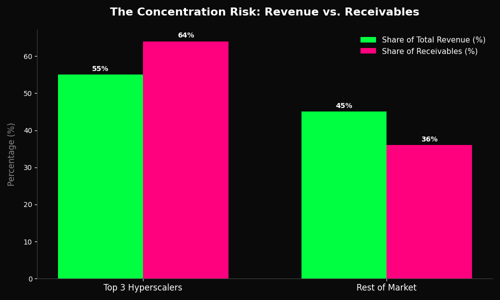 TheQuantUni's tweet photo. Michael Burry is betting heavily against the AI hardware boom.  The bearish thesis relies on three metrics buried in the financial filings.

First is extreme concentration. Three customers account for roughly 64% of unpaid receivables.

Second is payment velocity. Days Sales Outstanding extended from 46 to 53 days.

Third is substitution. The biggest customers are aggressively pivoting to custom in-house silicon.

The prevailing market narrative dismisses this as the natural math of hyper-growth.  But Burry is betting on the macroeconomic realities of 2026 to break the cycle.

Big Tech relies on a circular economy: fund an AI startup, sell them cloud compute, buy more GPUs.

Under a higher-for-longer rate cycle, the VC funding keeping those startups alive vanishes.

Add in crippling energy supply shocks that stall new data center deployments.

If end-user demand collapses, the hyperscalers will immediately slash their infrastructure budgets.