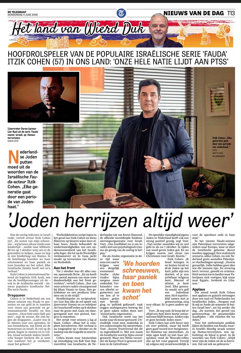 EenExWokeDocent's tweet photo. Itzik Cohen, bekend als hoofdrolspeler in de serie Fauda, vertelt dat vrijwel heel Israël sinds 7 oktober 2023 met trauma’s leeft. Bijna iedere familie werd immers direct of indirect geraakt door de gruwelijke terreuraanval van Hamas. Cohen maakt zich ook zorgen over het toenemende antisemitisme in Europa en merkt dat veel Joden zich steeds minder veilig weten. Tegelijkertijd ervaart hij veel steun van mensen die zich duidelijk uitspreken tegen Jodenhaat. Ondanks de inktzwarte periode blijft hij vertrouwen houden in de veerkracht van Israël en van het Joodse volk. De geschiedenis laat keer op keer zien dat Joden telkens weer weten op te staan na vervolging en geweld.

Prachtig interview: