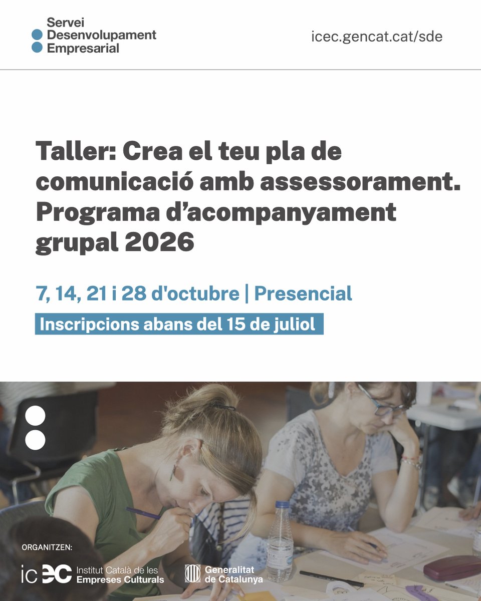 sdeicec's tweet photo. Què és un pla de comunicació i per què serveix?

‼️Obrim inscripcions per al taller pràctic de l'octubre amb @LasembraC, en què deu projectes culturals rebran un acompanyament per crear i desenvolupar el seu propi pla.

https://t.co/lpWbKbb2s4 https://t.co/ba9079Q6nn