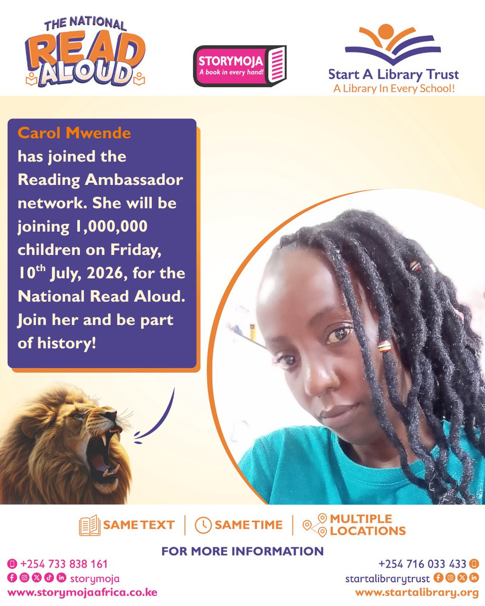 startalibrary's tweet photo. Join us in welcoming Dorina Atichi, Benard Ogalo, Mona Mugambi, David Oduor and Carol Daisy Mwende to our Reading Ambassador network 

This year, we are breaking the world record! Do not be left out. Sign up here: https://t.co/bHPhHeVABo

#nationalreadaloud2026 #worldrecord https://t.co/UZy2uP1223