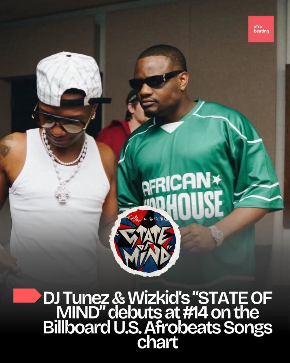 AfroBeating's tweet photo. DJ Tunez &amp; Wizkid’s “STATE OF MIND” debuts at #14 on the Billboard U.S. Afrobeats Songs chart. 📊🦅 https://t.co/4hJirWhF1o