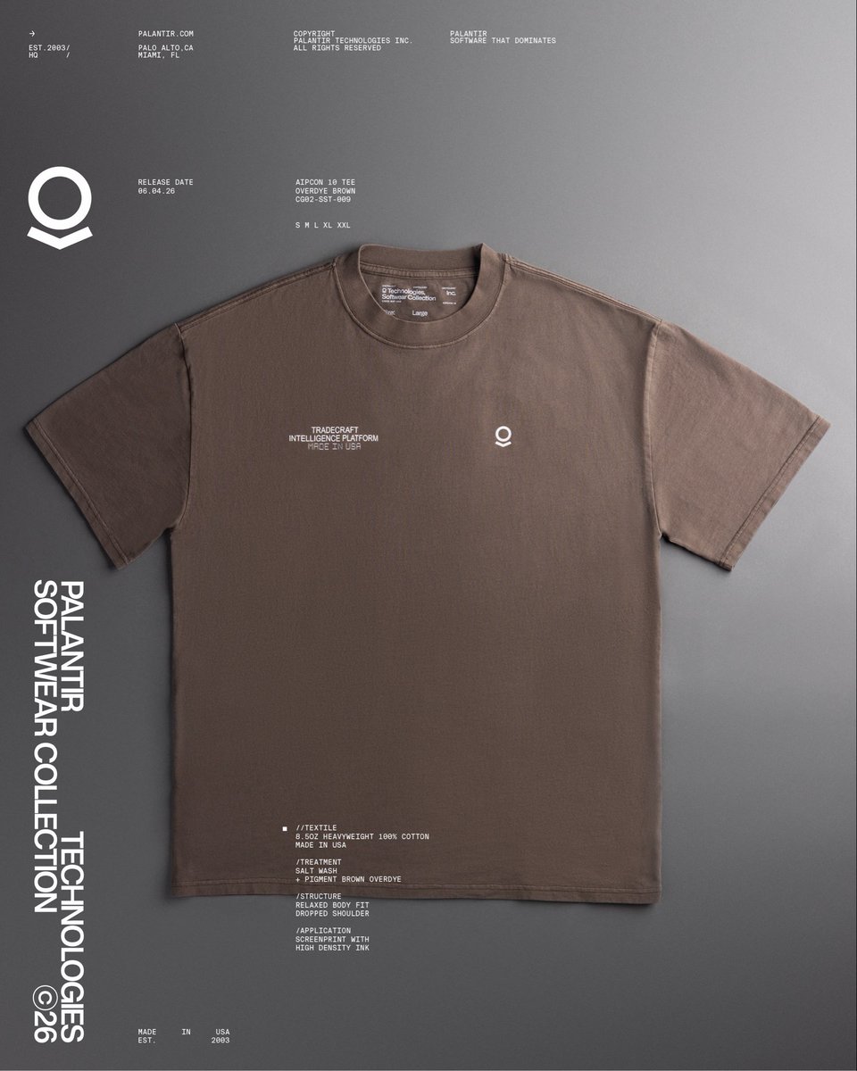 eliano's tweet photo. // drop 015 is live in the Palantir store 

> special edition AIPCon 10 - TRADECRAFT shirt
> printed with raised high density ink

> link in bio
> made in 🇺🇸 
> ships globally https://t.co/VmXdnKZ2Ij