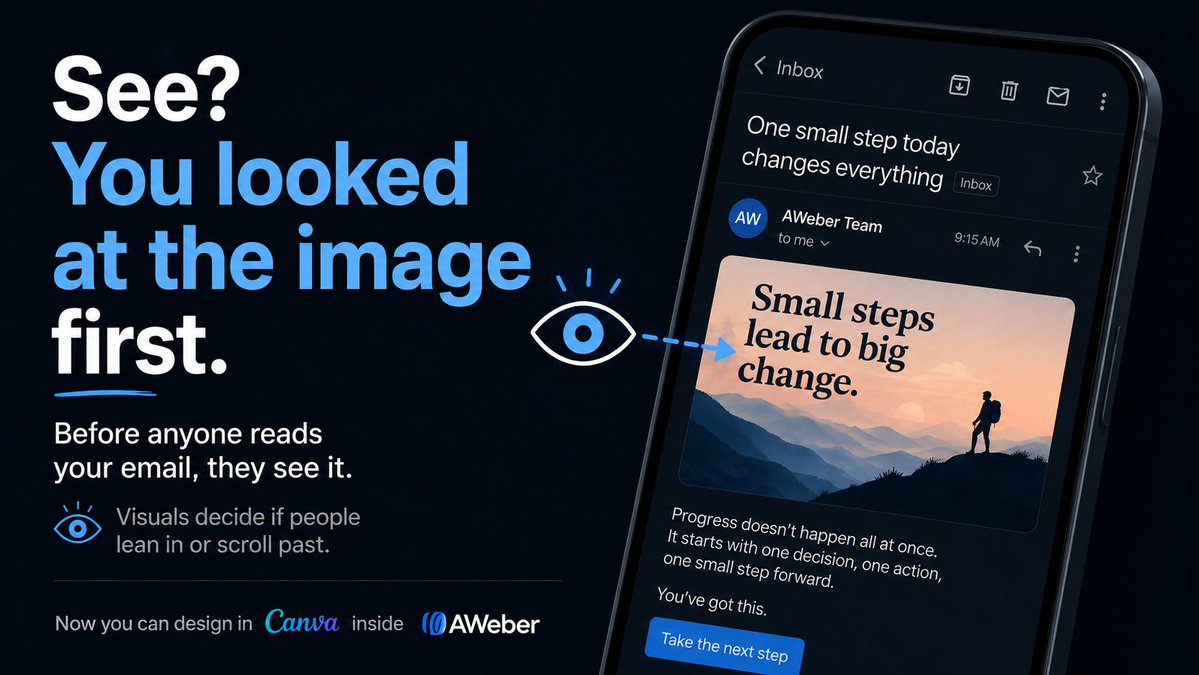 scohen's tweet photo. Before anyone reads your email, they see it.

Eyes go to visuals first. That split second decides whether someone leans in or scrolls past.

Now you design in @canva right inside @AWeber. Eye-catching visuals in minutes, without leaving your account. https://t.co/yJKV3Qd3j7
