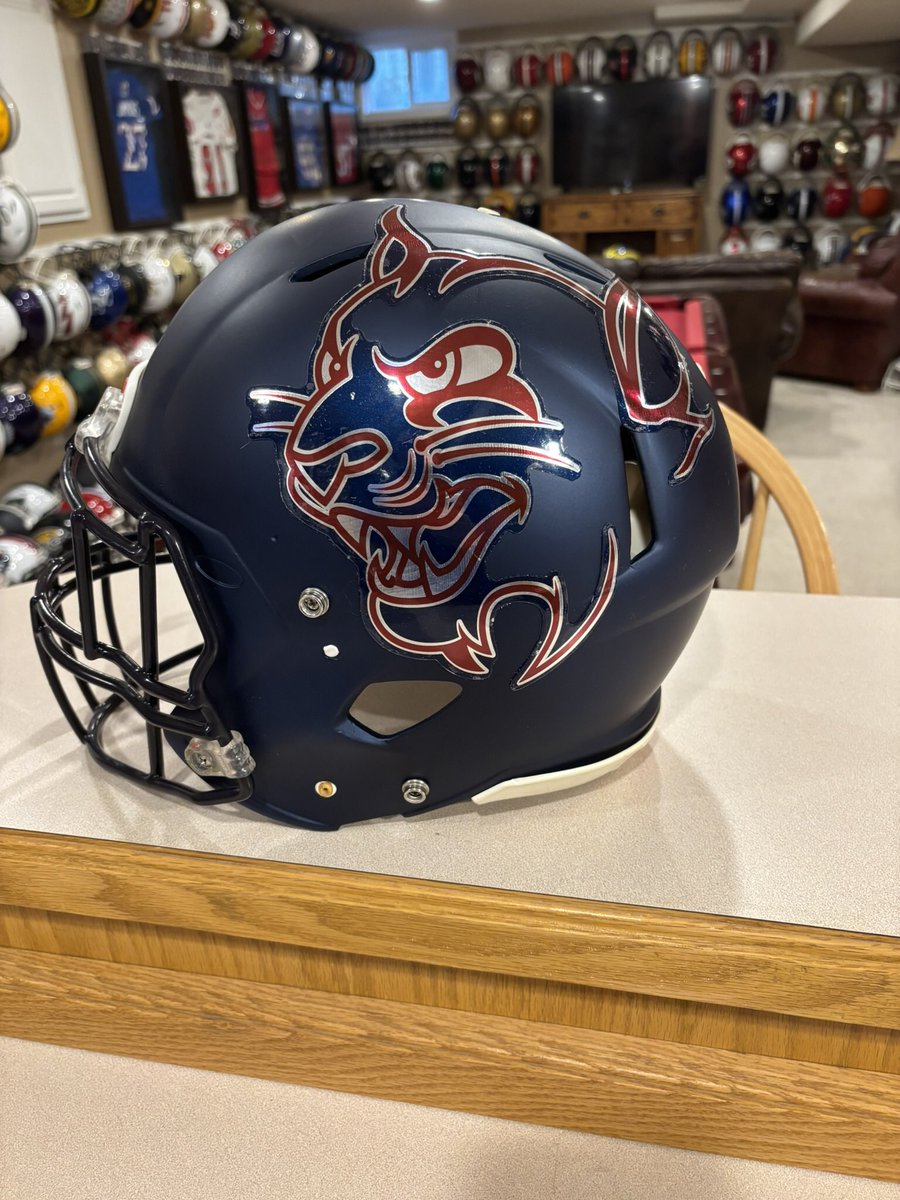 JerryQuickel's tweet photo. Helmet of the day #127! St. Thomas University Bobcats! @STU_Football plays @NAIAFBALL out of @SunConference in Miami Gardens Florida! Great logo, great shell color, and just a great overall look! #STUFootball #HuntAsOne https://t.co/2DlVkHnOgf
