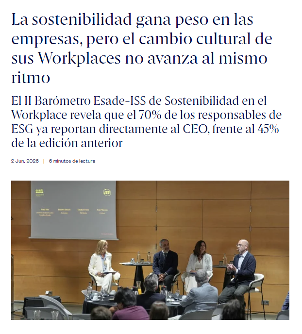 ESADEisocial's tweet photo. 📊 La #sostenibilidad se consolida como prioridad estratégica en las empresas, pero su integración real en la cultura y el día a día de los #workplaces avanza a un ritmo más lento. El 2º Barómetro @Esade-@ISS_ES analiza este reto clave.
👉 Leer la nota en https://t.co/caEe5wYwgG https://t.co/lWBTmCnNZ5