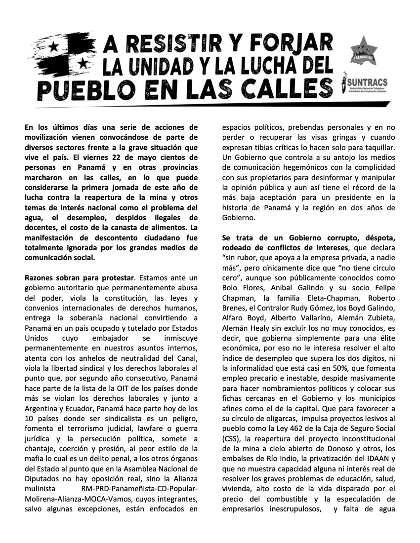 ClaridadPanama1's tweet photo. Volante que de distribuirá en la marcha de hoy.
Búscala.
Súmate.
Por la unidad y lucha del pueblo en las calles.
Resistencia y valentía.
Apoya.
Hoy, jueves 4 de junio.
5:00 pm. Letrero Panamá, Cinta Costera. https://t.co/I2Yg1FTmBj