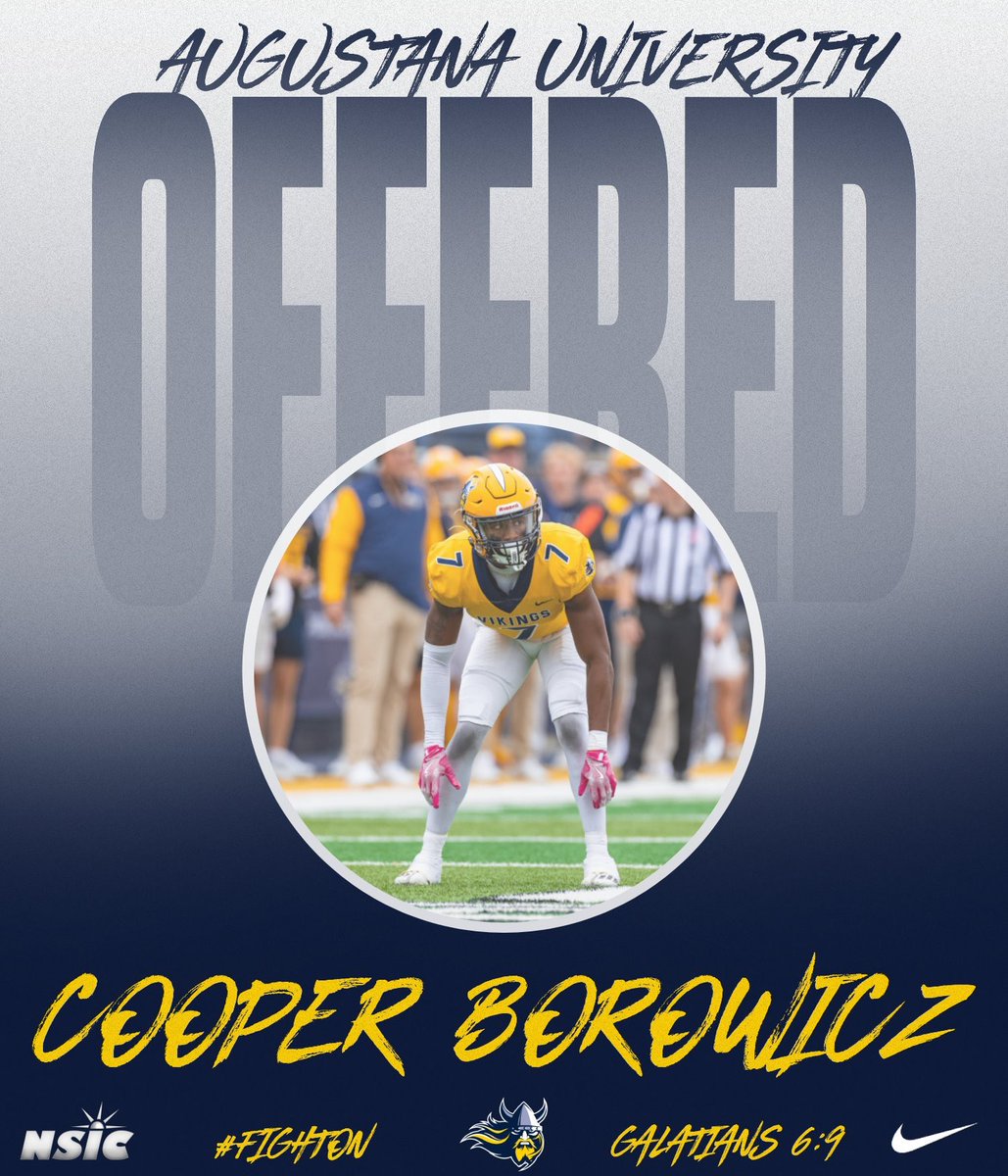 cooper_borowicz's tweet photo. After a great camp and conversation with @bond_coach I’m blessed and fired up to announce I’ve received a D2 offer from @AugieFB 
@wdp_football @CoachSchrenk @MJ_NFLDraft @sixstarfootball @NSICRecruiting https://t.co/c0sPDZrBBE