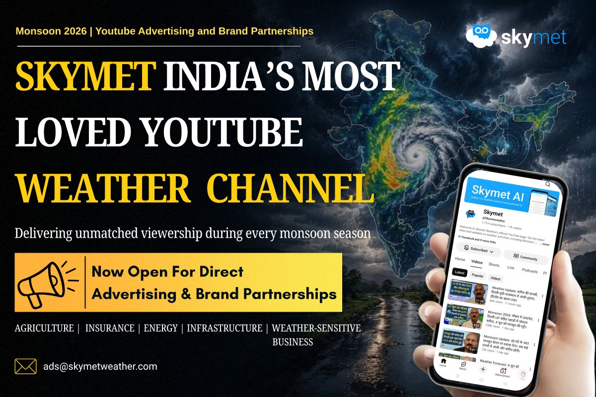 SkymetWeather's tweet photo. #CollabAlert Calling all brands! 

#Monsoon2026 is India’s most engaging weather season, and millions turn to Skymet daily for forecasts, alerts &amp; monsoon tracking. 

Let’s collaborate this monsoon season. For Youtube advertising &amp; collaboration mail us at: ads@skymetweather.com https://t.co/w0B4N4DFxa