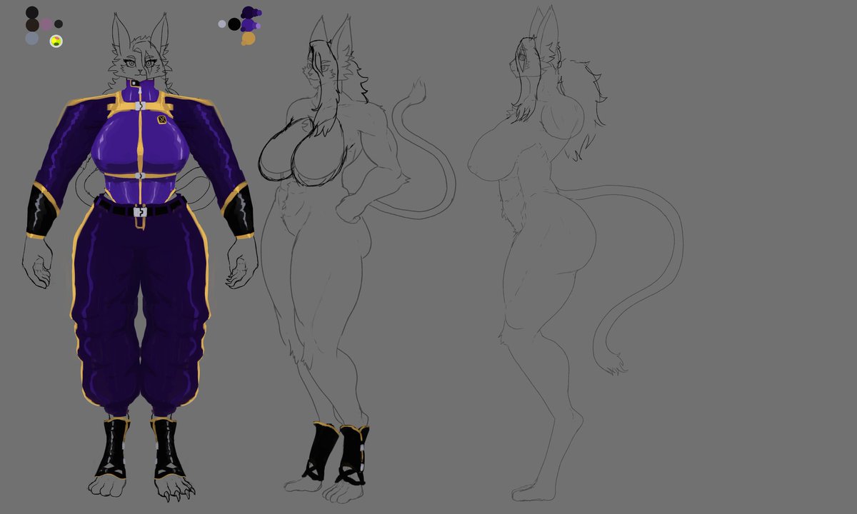 BlooDraws's tweet photo. Making 3 third a pass at.. (I just noticed that layers set as "reference layers" do not show up when exported).. the anatomy on this ref sheet.
Any thoughts on the outfit? https://t.co/7sPaeUEk40