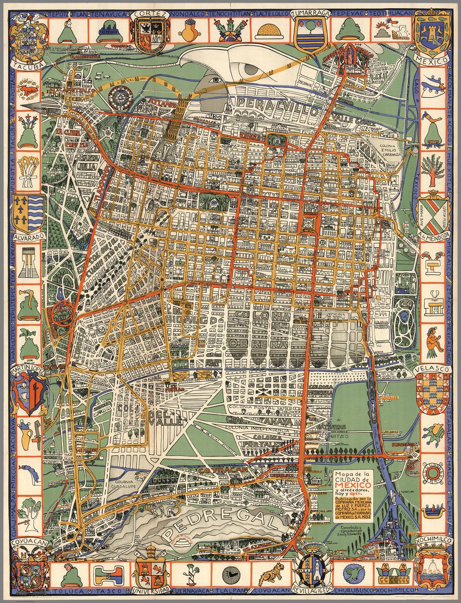 Cuauhtemoc_1521's tweet photo. Comparto uno de mis planos preferidos de la #CDMX; fue realizado en 1932 por Emily Edwards. En ella se aprecia la actual colonia Doctores con su nombre original, Hidalgo. Noten los escudos de armas de los virreyes Mendoza, Revillagigedo, así como el de Cortés, Zumárraga y Alvarado. Qué otros detalles te llaman la atención?