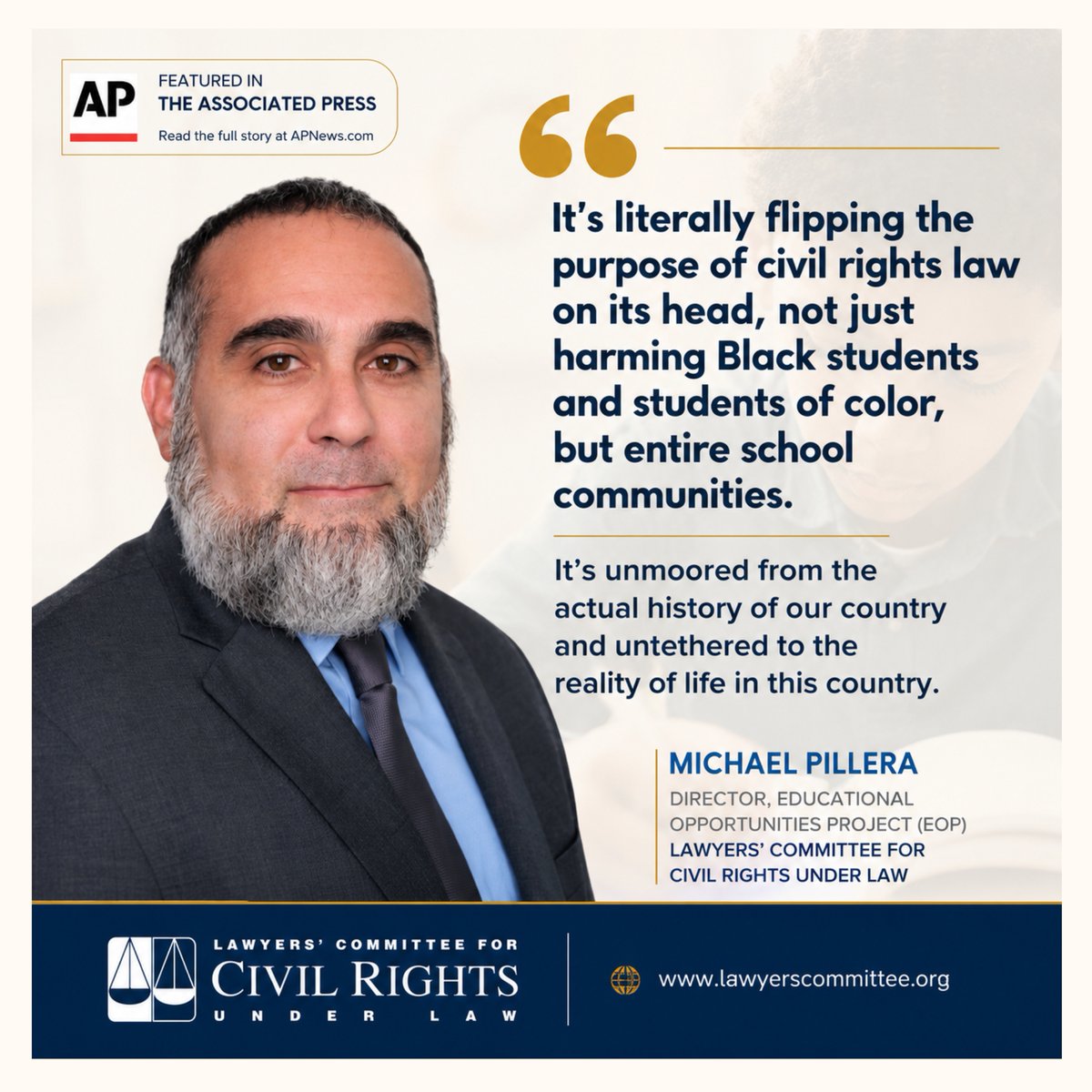 LawyersComm's tweet photo. In a new Associated Press feature examining the federal government’s shifting approach to civil rights enforcement in education, Michael Pillera, director of the Educational Opportunities Project (EOP), underscored what is at stake:
“It’s literally flipping the purpose of civil rights law on its head, not just harming Black students and students of color, but entire school communities. It’s unmoored from the actual history of our country and untethered to the reality of life in this country.”
For generations, civil rights laws have served as tools to address systemic discrimination and expand educational opportunity. Programs designed to help close longstanding racial disparities should not be recast as discrimination.
Read the full Associated Press piece: https://t.co/Lgu0CVUp2c
#CivilRights #EducationEquity #EducationalOpportunity #CivilRightsLaw #Education