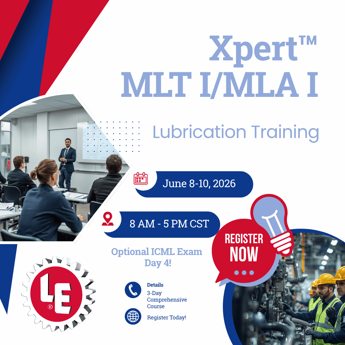 LElubricants's tweet photo. This is it! Tomorrow is the last day to register for our online Xpert MLT I / MLA I training &amp; certification class. Class is June 8-10, with optional certification exam on the 11th or thereafter. 

https://t.co/V5KtweTKU9

  #LubricationTraining #MLT #MLA #ICML #Certification https://t.co/FF4Sv14L57