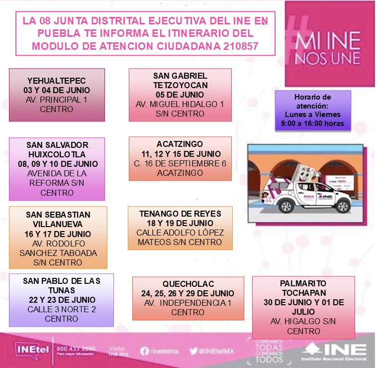 08Junta's tweet photo. 🚛 La 08 Junta Distrital Ejecutiva del INE  te informa los lugares que estarán visitando los módulos móviles 210854👩🏽‍💻y 210857 Con horario de atención de lunes a viernes 9:00 a.m a 4:00 p.m. Acude a tu sede más cercana 📢📢📢
🤔 🚛  Recuerda ya puedes realizar cualquier movimiento https://t.co/FHz5L5jPtf