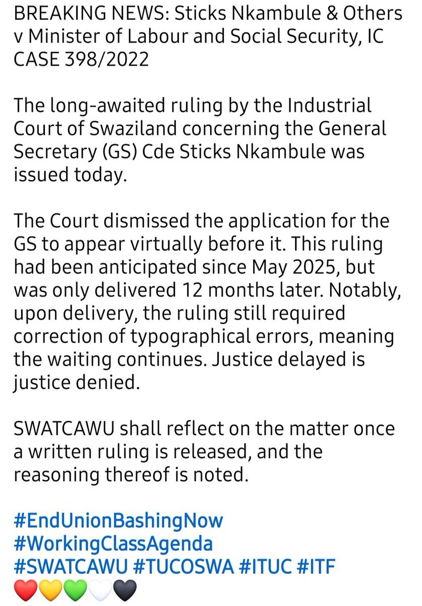 STAWU_'s tweet photo. BREAKING NEWS: Sticks Nkambule &amp; Others v Minister of Labour and Social Security, IC CASE 398/2022

See below;

#EndUnionBashingNow 
#WorkingClassAgenda 
#SWATCAWU #TUCOSWA #ITUC #ITF  
❤️💛💚🤍🖤 https://t.co/cu4ivANhAx
