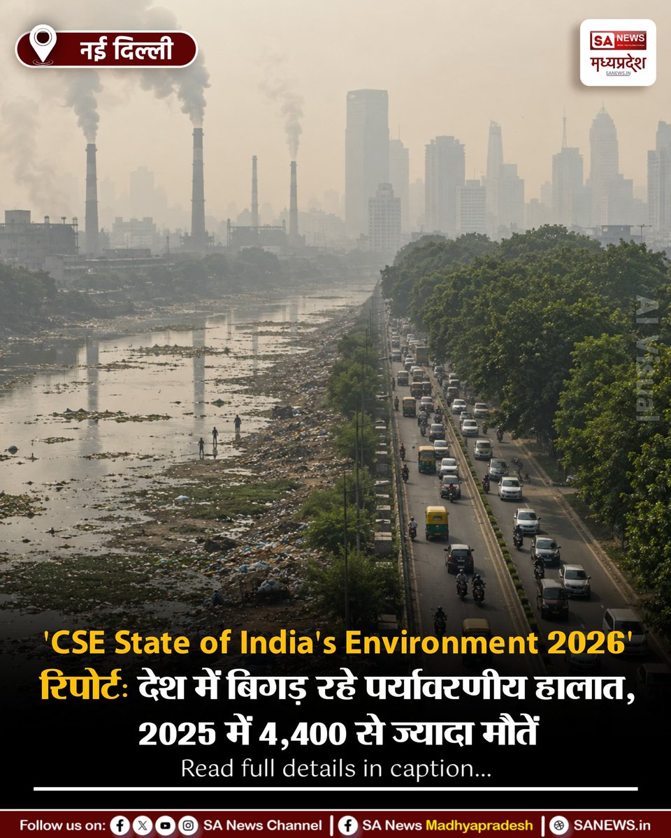 SAnewsMP's tweet photo. नई दिल्ली | CSE State of India's Environment 2026 रिपोर्ट के अनुसार, 2025 में भारत के 99% दिनों में चरम मौसम की घटनाएं दर्ज हुईं। इन घटनाओं के कारण 4,400 से अधिक लोगों की मौत हुई। 

#WorldEnvironmentDay
#ClimateChange
#Environment
#CSEReport
#SAnewsmadhyapradesh https://t.co/niDvPoX3S3