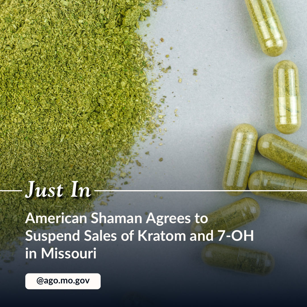 AGCHanaway's tweet photo. JUST IN: American Shaman, Missouri’s largest kratom distributor, is suspending all in-state sales effective immediately.

Any retailer who uses free samples and misleading marketing to hook consumers, especially those struggling with addiction, will face swift enforcement. https://t.co/5r8XBY1iip
