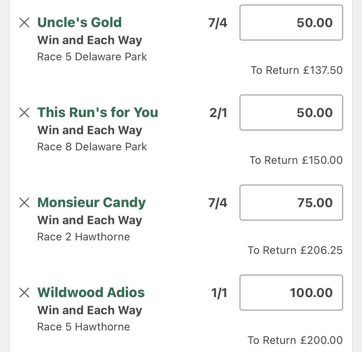 USValueTipper's tweet photo. 🚨 Today’s Tips Are LIVE! 🚨

9 tips today. 2 are top plays 

✅ Uncle’s Gold (Delaware Park R5) - 7/4
✅ This Run’s for You (Delaware Park R8) - 2/1
✅ Monsieur Candy (Hawthorne R2) - 7/4
✅ Wildwood Adios (Hawthorne R5) - Evens
✅ Cardinal War Cry (Penn National R6) - 7/4
✅ Flying Martini (Canterbury Park R7) - 2/1
✅ Gin And Tonic (Evangeline Downs R4) - 2/1
✅ Spatula (Charles Town R1) - 5/4
✅ Flag Woman (Charles Town R9) - 13/8

🍀 Good luck if you’re playing along!

#HorseRacing #HorseRacingTips
#ValueBetting #BettingTips
#DelawarePark #Hawthorne
#PennNational #CanterburyPark
#EvangelineDowns #CharlesTown
#USRacing #HorseRacingX
#USValueTipper

@USValueTipper