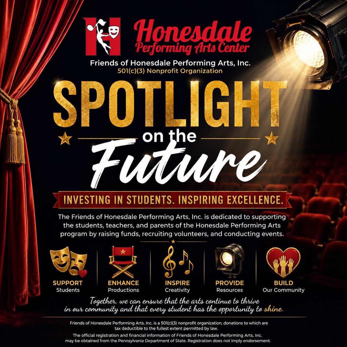 honesdalepac's tweet photo. Give Today https://t.co/JLqLuC7pCr

Investing in Students. Inspiring Excellence.

The Friends of Honesdale Performing Arts, Inc. invites you to help us invest in the next generation of performers, musicians, technicians, and artists. https://t.co/iT9hvDG0dl