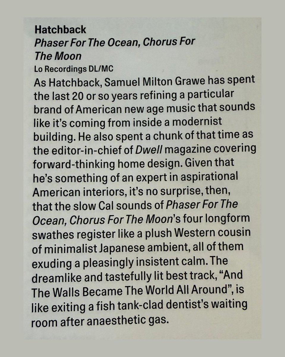 LoRecordings's tweet photo. Hatchback in The Wire - Issue 508

“…the slow Cal sounds of Phaser For The Ocean, Chorus For The Moon’s four longform swathes register like a plush Western cousin of minimalist Japanese ambient” - @ Spenser Tomson, @thewiremagazine

Order Ltd cassette: https://t.co/RCq9ghYLLc https://t.co/b5CB46yZq3