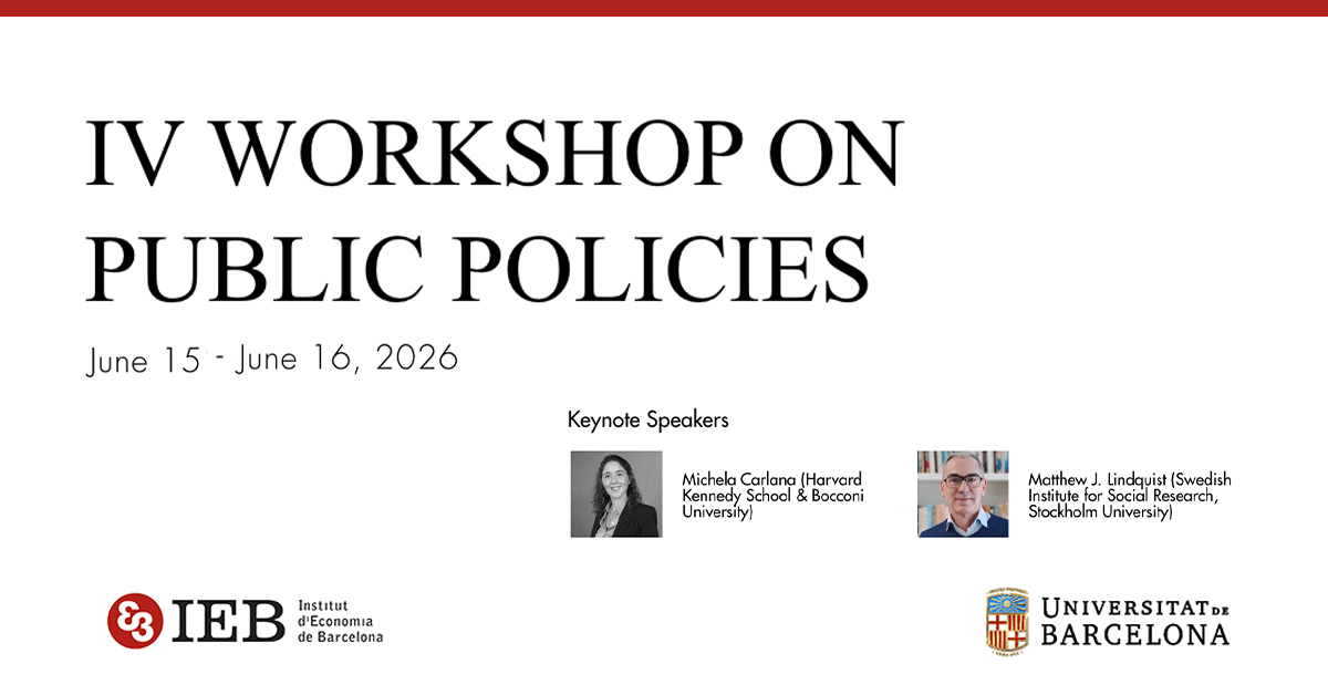 FundacioIEB's tweet photo. 📣 IV Workshop on #PublicPolicies 

📅 June 15-16, 2026
📍 Barcelona

Keynote speakers:
🗣️ @michelacarlana (@Kennedy_School &amp; @Unibocconi)
🗣️ @MatthewJLindQ (@SOFI_su_se &amp; @Stockholm_Uni)

Check out the program!
🔗 https://t.co/TBQItEBekv https://t.co/R3b3447t9P