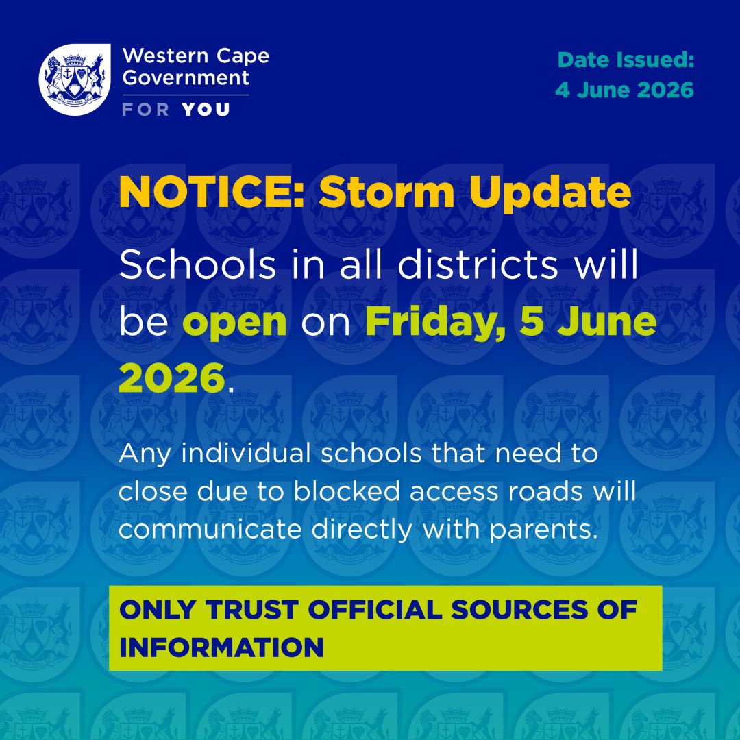 DavidMaynier's tweet photo. Schools in the Eden and Central Karoo Education District will reopen on Friday, 5 June 2026. Any individual schools that need to close due to blocked access roads will communicate directly with parents. https://t.co/9bbvj7gAIQ