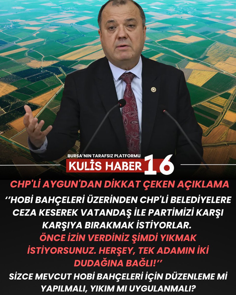 kulishaber16's tweet photo. İlhami Özcan Aygun, hobi bahçeleri üzerinden CHP'li belediyelerin hedef alındığını öne sürerek dikkat çeken açıklamalarda bulundu.

Aygun: "Vatandaş ile partimizi karşı karşıya bırakmak istiyorlar."

❓Sizce hobi bahçeleri konusunda çözüm ne olmalı?
#hobibahçesi https://t.co/9Wl9PRf5sB