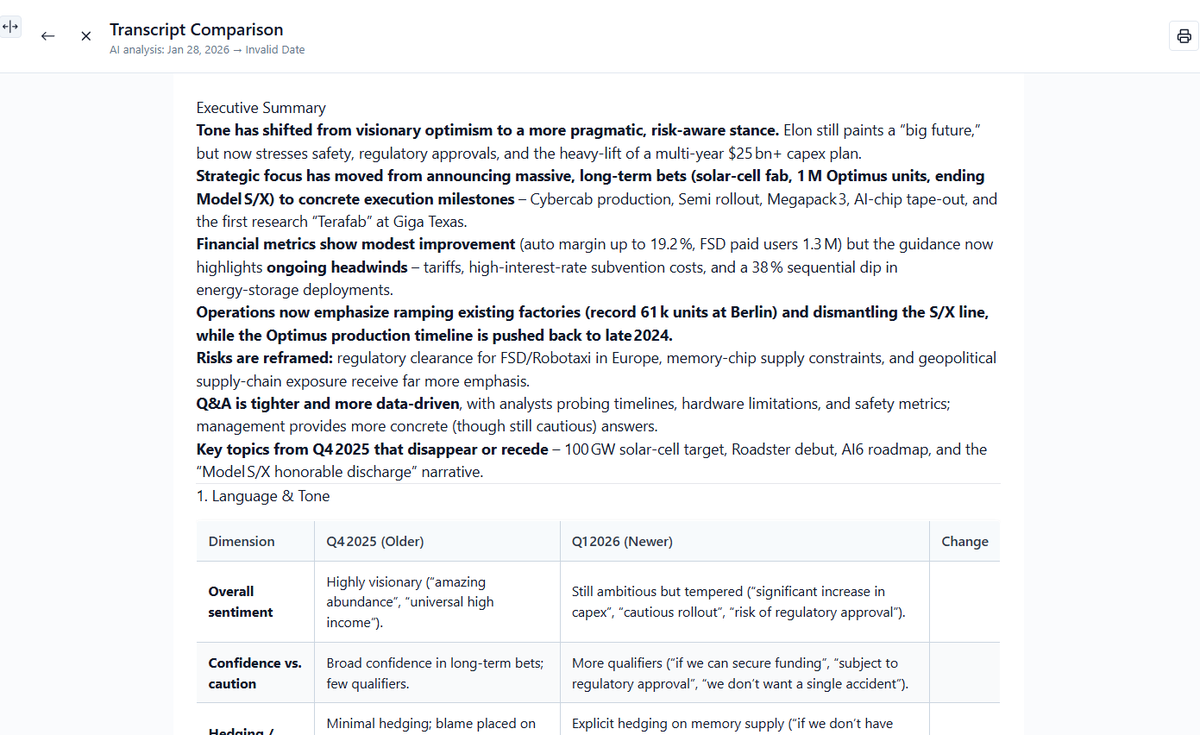 Tracktacle_app's tweet photo. 1/*We just released a new feature, and we are 100% sure you are going to love it. 

You can now easily compare and use AI to analyze management statements from an earnings call alongside all earlier calls in our database. This makes it simple to verify consistency and track the.. https://t.co/TpJ08EfOqP
