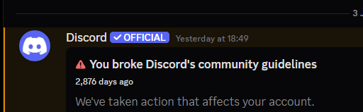 IMSHord's tweet photo. Extremely unserious company, Reporting an person that keeps harassing me and making alt accounts does nothing 

But @discord_support takes offend to something i supposedly did 2,876 days ago? Be so for real. https://t.co/NoJ7TUyErQ
