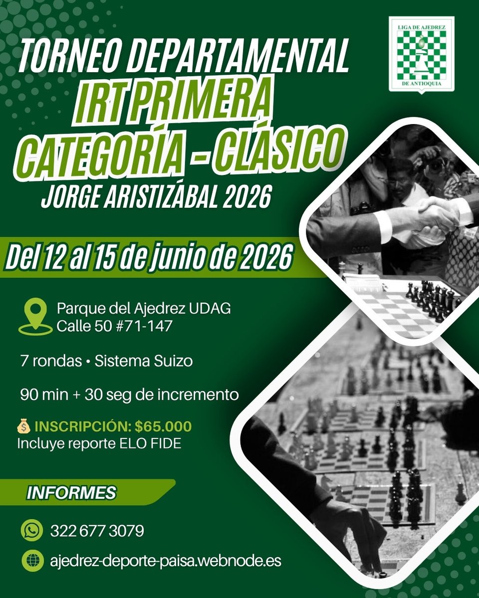AjedrezAnt's tweet photo. Terminan los torneos de categorías 2026 con el IRT de Primera Categoría J.A clásico no te lo puedes perder ♟️♟️♟️ Ver Reglamento y Link de Inscripción: https://t.co/Amn4kSh1Ap https://t.co/shE36rQn7t