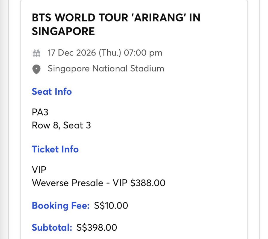 404Tickets's tweet photo. WTS sell 3 tickets BTS WORLD TOUR 'ARIRANG' IN SINGAPORE

#BTS
#BTS_WORLDTOUR_ARIRANG
#BTS_WORLDTOUR_ARIRANG_ASIA https://t.co/lgOlRRV5w4
