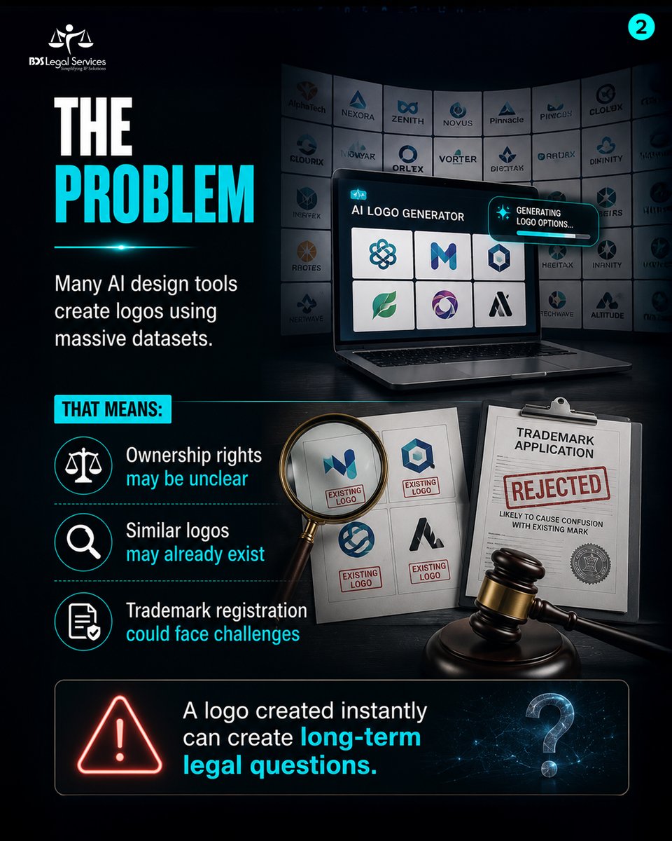 bdslegalserv's tweet photo. AI can create your logo in seconds. But do you actually own the rights? 🤖⚖️

Before building your brand around an AI-generated design, check ownership, originality &amp; trademark protection.

Protect your brand before someone else claims it.

#Trademark #IPRights #BrandProtection https://t.co/XAruLOGfQb
