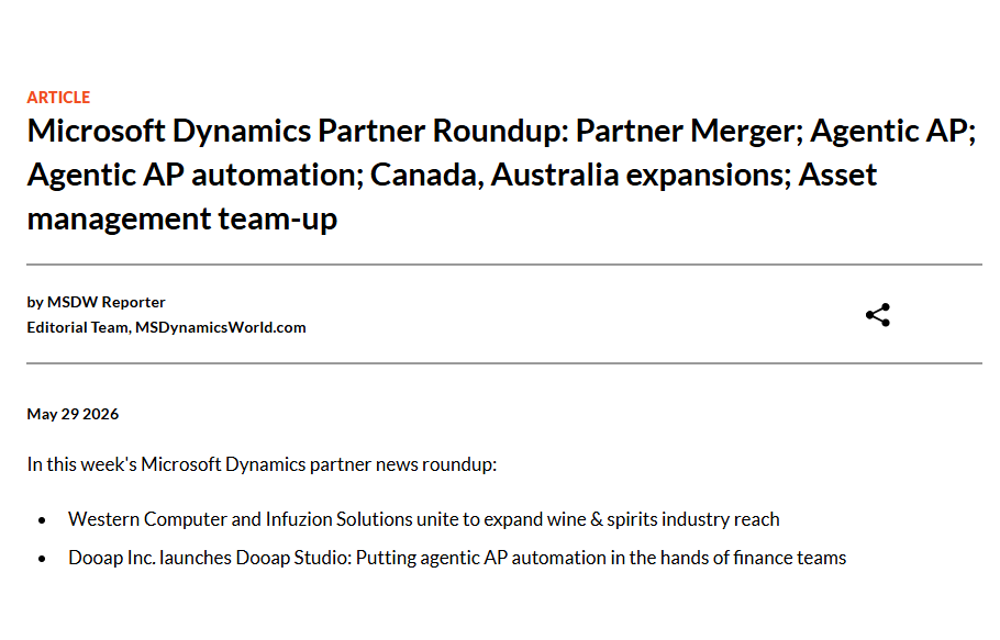 msdynamicsworld's tweet photo. #Microsoft Dynamics Partner Roundup: Partner Merger; Agentic AP; Agentic AP automation; Canada, Australia expansions; Asset management team-up. https://t.co/P0RGxexbSt https://t.co/5BmO8kIoqk