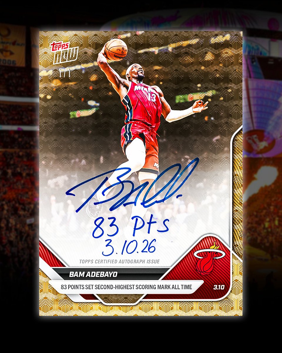 SportsCardInv's tweet photo. JUST SURFACED: The 1/1 Bam Adebayo Topps NOW auto from his 83-point game just surfaced 👀

A collector landed the 2025-26 NBA Topps NOW FoilFractor Parallel 1/1 auto of Bam Adebayo, commemorating the second-highest scoring game in NBA history in March

He finished with 83 points, passing Kobe Bryant for the second-highest scoring game in NBA history. Only Wilt Chamberlain's 100-point game in 1962 sits above it.

What do you think it's worth? 🤔👇