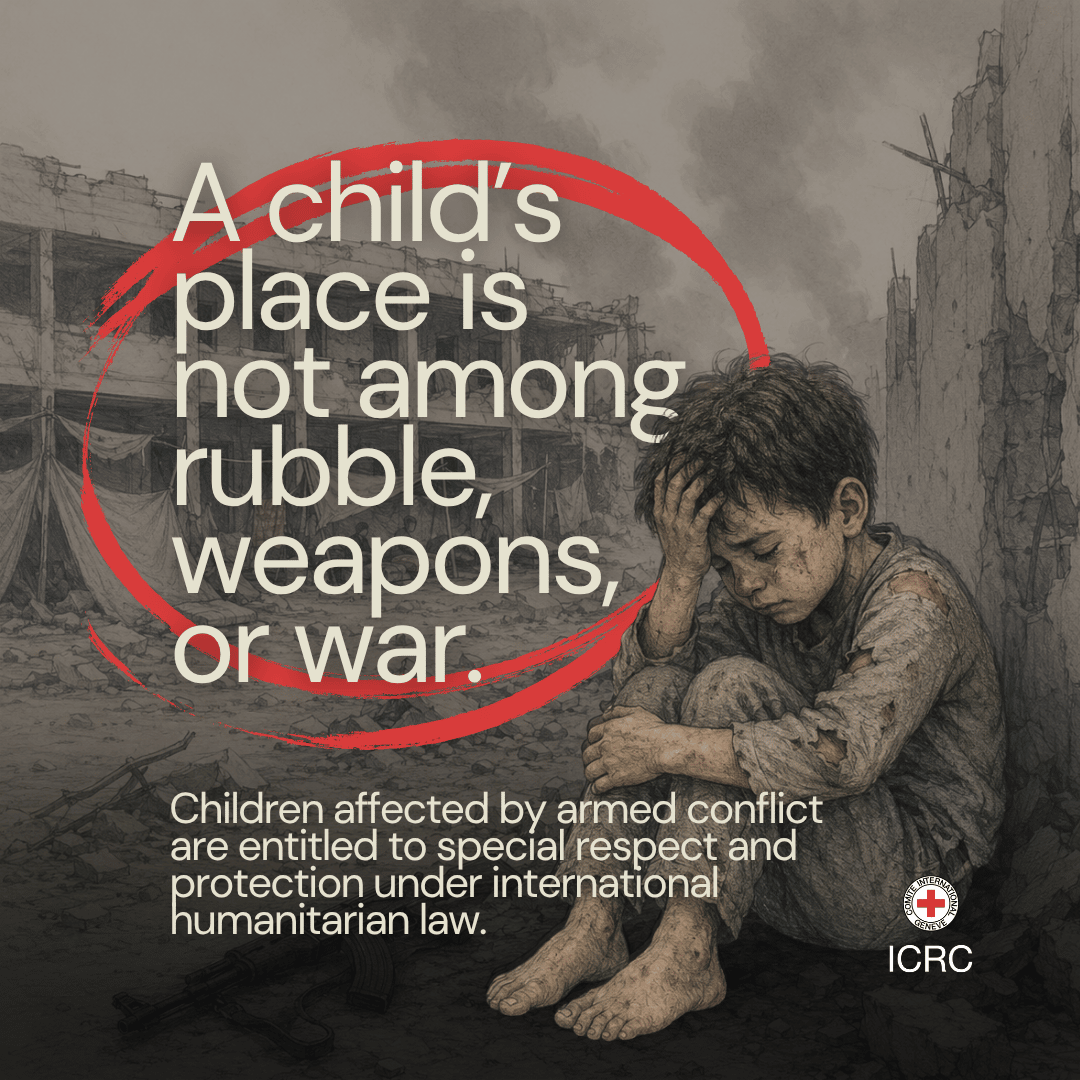 ICRC's tweet photo. For millions of children living in areas affected by conflict and violence, childhood is disrupted by fear, loss, and suffering.
 
On the International Day of Innocent Children Victims of Aggression, we reiterate that minors deserve protection, safety, and access to the care and support they need to recover, grow, and build a better future.