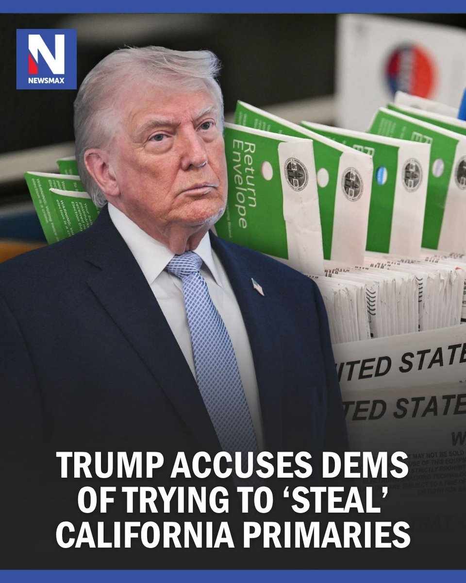 NEWSMAX's tweet photo. 'HERE WE GO': President Trump accused Democrats of trying to influence the outcomes of California's gubernatorial and Los Angeles mayoral primary elections by benefiting from late-arriving mail-in ballots. https://t.co/64Up6PWpBR