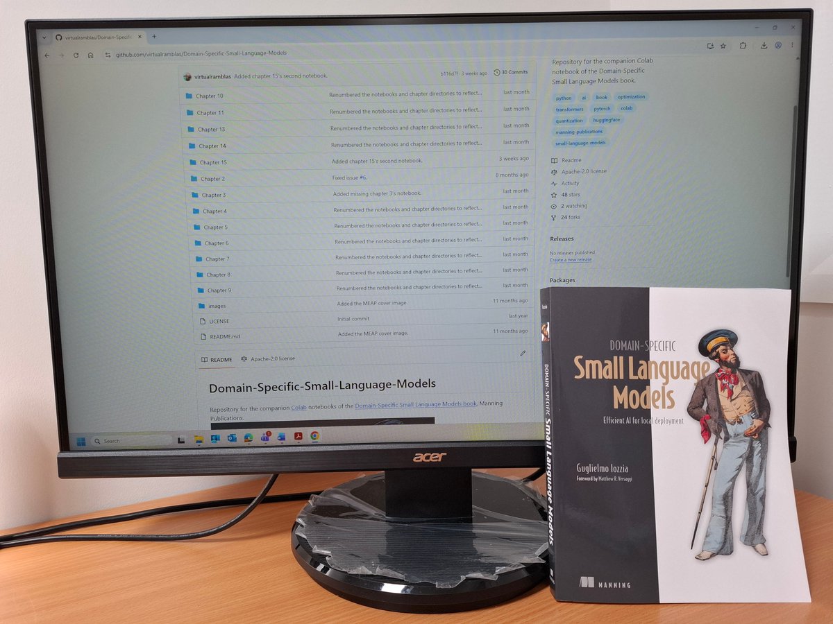 ManningBooks's tweet photo. Bigger AI models aren't always better.

For domain-specific tasks, SLMs can often deliver faster, cheaper, and more accurate results. Especially when trained on focused datasets and deployed locally.

In Domain-Specific Small Language Models, @GuglielmoIozzia walks through how to adapt open source models to your domain, reduce costs, build secure APIs, and deploy production-ready SLMs (all with a companion GitHub repo).

Now in print: https://t.co/TXlv1lfbWv