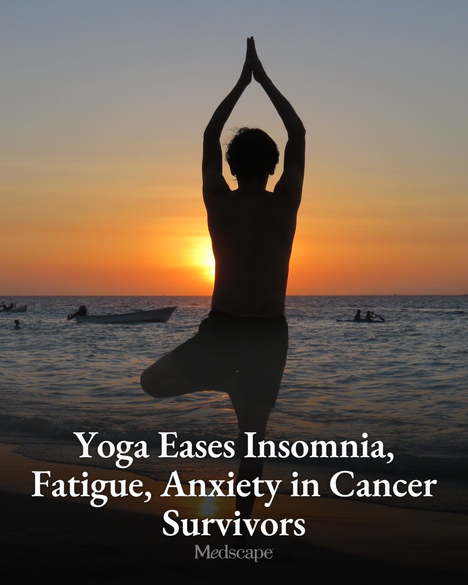 Medscape's tweet photo. A structured program combining gentle yoga poses, breathing exercises, and mindfulness significantly reduced insomnia, fatigue, and mood symptoms among cancer survivors in a large randomized trial.

Up to 95% of cancer survivors experience sleep disturbances or insomnia during or after treatment, while more than half report mood disturbances, anxiety, or fatigue. In the new trial, just 4 weeks of simple yoga practices helped address all of those issues, according to findings presented at a press briefing ahead of the American Society of Clinical Oncology 2026. Read more about the trial by tapping the link: https://t.co/bQyUtDXxc2