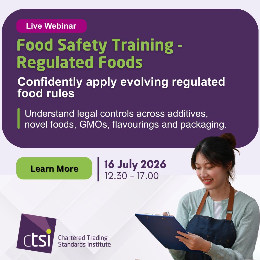 CTSI_UK's tweet photo. Explore the legal controls around additives, processing aids, enzymes, flavourings, GMOs, novel foods, food contact materials, packaging declarations, UK and EU divergence, common compliance pitfalls and more.
 
https://t.co/sWWtDEmBJT

#Compliance #TradingStandards #FoodLaw https://t.co/R8ad8KFUUd