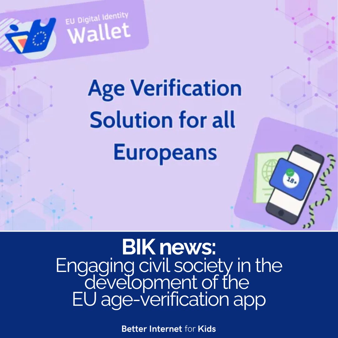 safeinternetday's tweet photo. 🔐 The EU is developing a harmonised age-verification app, and civil society is helping shape it.

Safer Internet Centres, youth representatives, educators and digital-rights groups all had a seat at the table.

Full update on the #BIK platform: https://t.co/qHcCRGunpJ

#AgeVerification #OnlineSafety #DSA