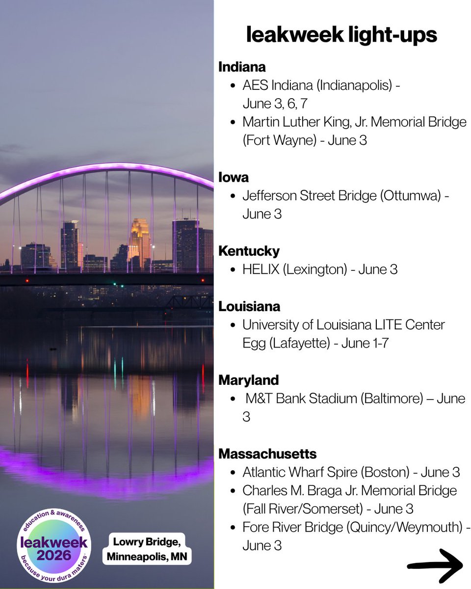 spinalCSFleak's tweet photo. We have 59 landmarks in 33 states lighting up this leakweek! Thank to all who have shared your photos from around the country.

Shine bright💜 https://t.co/ZLGFujArmW