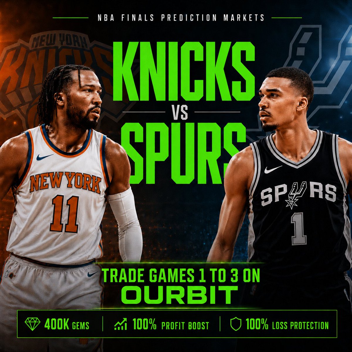 ourbit's tweet photo. nba finals predictions with extra rewards

trade spurs vs knicks prediction markets for games 1-3

a 400k gems prize pool is up for grabs to redeem free sony phones, dji drones, and airpods https://t.co/pgI1miFpFZ